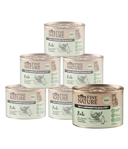 Dehner Fine Nature Katzenfutter, Nassfutter getreidefrei, für ausgewachsene Katzen, Pute, 6 x 200 g Dose (1.2 kg)