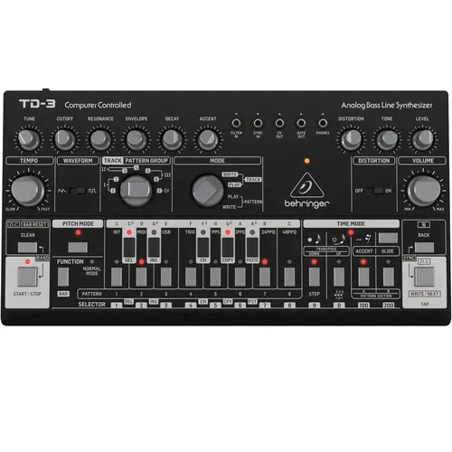 Behringer TD-3 BK Analoger Synthesizer - Audio-Controller mit legendärem Acid-Sound, 16-Schritt-Sequenzer und integriertem Distortion-Effekt für kreative Musikproduktionen.
