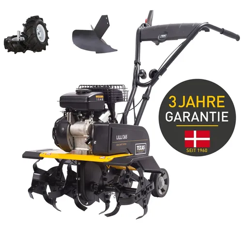 TEXAS Benzin Gartenfräse Lilli 365TG mit Pflug und Rädern - Motorhacken für effektive Bodenbearbeitung, leistungsstarker 1400 W Motor und benutzerfreundliches Design für Gartenprojekte.