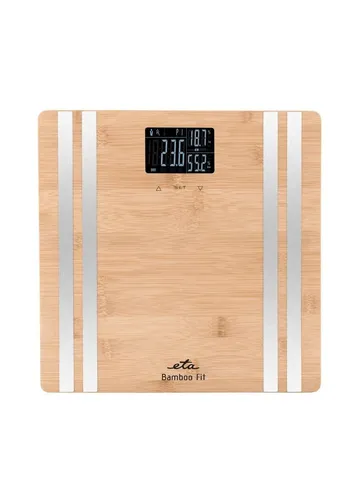 eta Personenwaage BAMBOO Fit - Körperfettwaage mit LCD-Display - Personenwaage aus Bambus mit Speicherplatz für 12 Personen und umfassenden Körperanalyse-Funktionen wie BMI, Körperfettanteil und Muskelmasse. Max. Tragkraft 180 kg.
