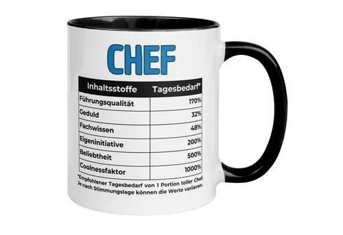 Momentals Tasse Geschenk Bester Chef – „Inhaltsstoffe - Führungsqualität und Coolness“, Beidseitiger Druck · Links- & Rechtshänder · Spülmaschinenfest