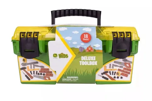 Sunny Days Entertainment John Deere 18-teiliger Deluxe-Werkzeugkoffer - Konstruktionsspielset mit Maßband und mehr Werkzeugen, grün