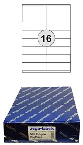 8.000 Etiketten 105 x 35 mm selbstklebend auf DIN A4 Bögen (2x8 Etiketten) - 500 Blatt Bigpack - Universell für Laser/Inkjet/Kopierer/Farblaser einsetzbar - 105x35mm 16-teilig
