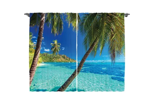 Abakuhaus Gardine Schlafzimmer Kräuselband Vorhang mit Schlaufen und Haken, Tropisch Palmen, Meer, Strand