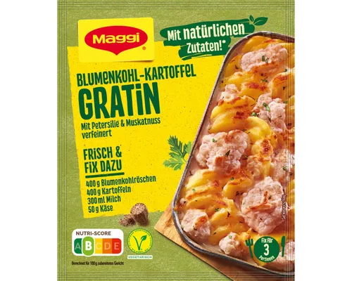 Maggi Fix für Blumenkohl Kartoffel Gratin 51g - Fertigsauce für ein cremiges Blumenkohl Kartoffel Gratin, einfach zuzubereiten und ideal für eine schnelle, leckere Mahlzeit.