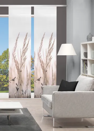 HOME WOHNIDEEN 55372 Schiebegardine 'RELVA' - Schiebevorhänge im 2er-Set mit digitalem Bambus-Optik Druck und abstraktem Gräser-Motiv, ideal für stilvolle Fensterdekoration