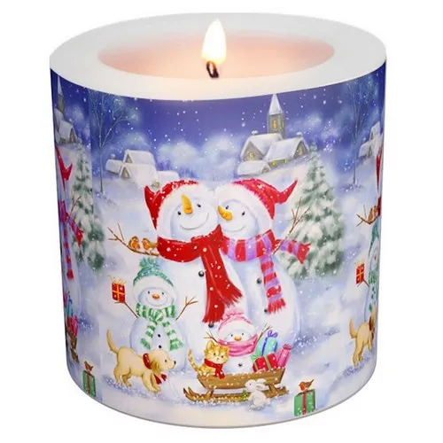 Kerze rund Snowmen Family - Familie Schneemann mit Tiere  Ø 8cm, Höhe 7,5cm