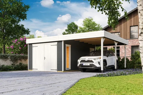 Lasita Garage Pultdach 44 mm Bahamas mit Holztor grau 680x560 cm - Geräumige Garage mit Pultdach und 3 Fenstern, ideal für die sichere Unterbringung Ihres Fahrzeugs und Gartenwerkzeugs. Robuste Holzkonstruktion und abschließbares Tor.