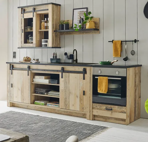 Furn.Design Küchenzeile Stove mit Soft-Close Schiebetüren - Küchenzeile mit Soft-Close-Funktion, modernes Design aus FSC®-zertifiziertem Holzwerkstoff, ideal für stilvolle und funktionale Küchenlösungen.