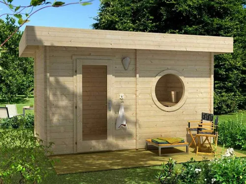 FinnTherm Saunahaus Cubus-70 C – Ihr persönlicher Wellnessbereich - Saunahaus aus 70 mm massivem Holz mit hochwertigem Fußboden und großen Rundfenstern für optimale Lichtverhältnisse. Ideal für Garten und Entspannung.