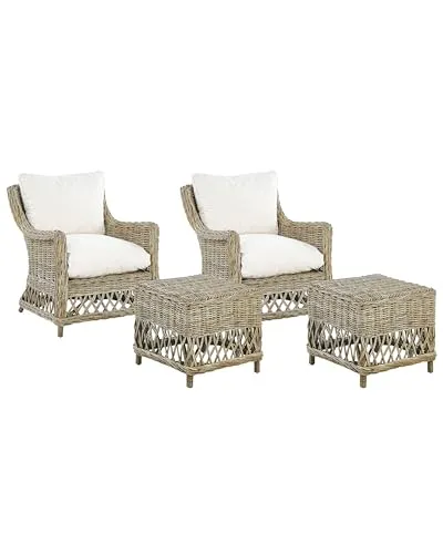 BELIANI Gartensessel 2er Set - Natürlich Rattan mit Hocker und Auflagen - Gartenstühle im Retro Stil, geflochten aus witterungsbeständigem Rattan mit 4 bequemen Kissen für höchsten Komfort. Ideal für Terrasse oder Balkon.