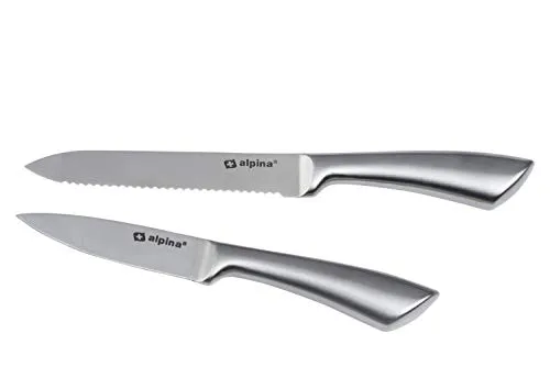 alpina Kochmesserset 2-Teilig - Profi Messerset - Multifunktionales Chefmesser - Bestückt für Küchen - Allzweckmesser aus Edelstahl - Brotmesser - 20 und 24 cm - Silber,