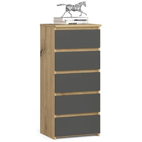 MILORD Kommode CL5 40 cm 5 Schubladen Schrank für das Wohnzimmer, Schlafzimmer, Kinderzimmer, B40 x H92 x T35 cm, Gewicht 21,9 kg (Artisan Eiche | Graphitgrau Front)
