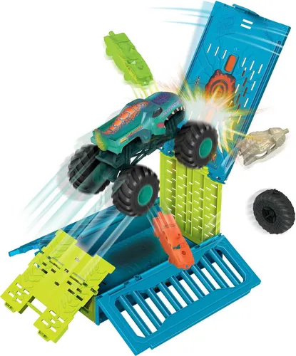 Mattel HNC29 - Hot Wheels Monster Trucks Mega-Wrex 1:24 - Veraltete Systeme & Micro-Konsolen – Ultimativer Crash-Spaß mit exklusivem Mega-Wrex Truck, mehreren Sprung-Rampen und praktischer Spielzeugaufbewahrungsbox.