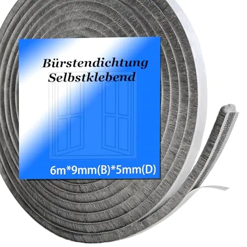 6M Bürstendichtung Selbstklebend,9 mm(B) x 5 mm(D) Bürstendichtung für Rolladen,Fenster,Tür, Schiebetür, Insektenschutz,Kleiderschränk,Türbürstendichtung