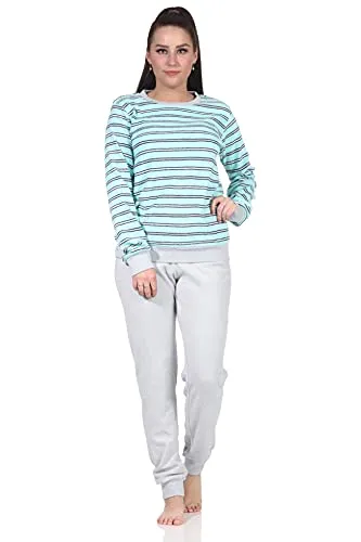 Damen Frottee Schlafanzug Pyjama mit Bündchen - auch in Übergrössen - 222 201 13 852a, Farbe:Aqua, Größe:52-54