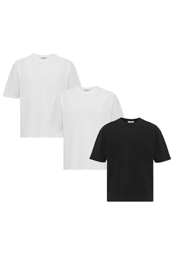 3er Pack Oversized T-Shirts – Klassisches Basic Shirt aus Baumwolle – Kurzarm, Rundhals – Ideal für Alltag, Freizeit & Streetwear 2X Weiß 1x Schwarz L