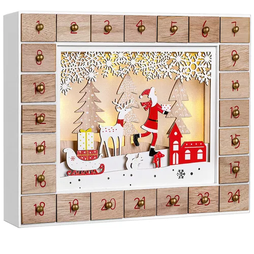 DeubaXXL DE Adventskalender Weihnachtsmann Holz beleuchtet LED 109351 - Adventskalender aus Holz mit warmweißer LED-Beleuchtung, perfekt zum Befüllen mit persönlichen Überraschungen für die ganze Familie.