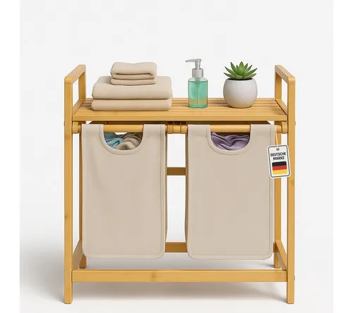 Roxlin Wäschekorb Bambus Wäschekorb 100L mit 2 Fächern Ablage und herausnehmbaren