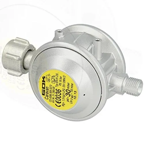 GOK Niederdruckregler Caravanregler - Schläuche & Regler mit integrierter Überdrucksicherung für höchste Sicherheit beim Camping und im Caravan. Stabile Gasversorgung mit 30 mbar, ideal für Wohnmobile und Campingkocher.