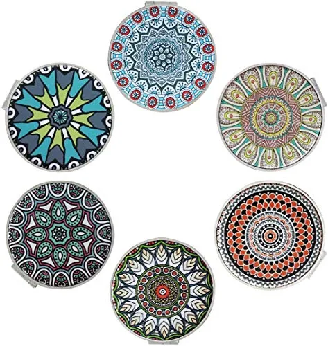 Beaufy Kleiner kompakter Schminkspiegel, Taschenspiegel, Vergrößerung, Reisen, rund, Vintage, mit 1 x 2-facher Vergrößerung, Mandala-Design, Relief, für Mädchen, Damen, Herren, 6 Stück