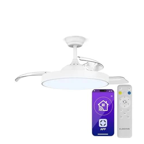 Klarstein AirFold Deckenventilator mit Beleuchtung - Smart App & Fernbedienung - Ventilatoren mit einziehbaren Flügeln, die sich in eine elegante Deckenleuchte verwandeln. Genießen Sie dimmbares LED-Licht, 6 Geschwindigkeitsstufen und ganzjährigen Komfort im Sommer- und Wintermodus.