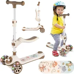 Malplay Dreirad Scooter für Kinder ab 2 Jahren – Klappbarer Cityroller mit LED-Rädern, Beige