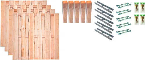 Tetzner & Jentzsch Bohlenzaun Lincoln 2 Set, 4 Elemente - Bohlenzaun aus naturbelassenem Lärchenholz, ideal für Sichtschutz und Gartengestaltung, inklusive 5 Pfosten und Montagematerial für einfache Selbstmontage.