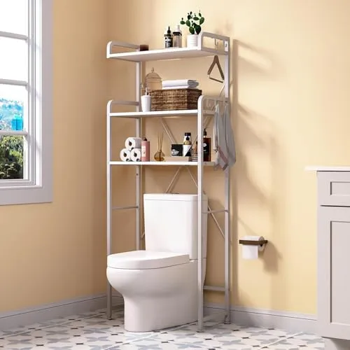 Huhote Toilettenregal, Waschmaschinenregal, WC Regal über Wasserklosett Waschmaschine, 3 Ebenen Badezimmerregal, Bad-Organizer mit 5 Haken, Platzsparend, für Waschküche Badezimmer Toilette, Weiß