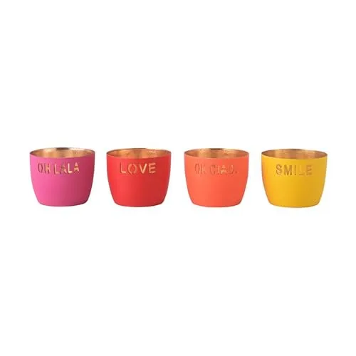 Windlicht Madras 4er Set XS – Motiv Oh Lala, Love, Ok Ciao, Smile - Laternen-Set aus Eisen, Höhe 4,5 cm, ideal für stimmungsvolle Akzente in Ihrem Zuhause.