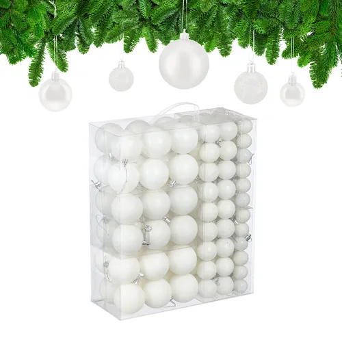 relaxdays Weihnachtsbaumkugel 138er Set, weiß - Weihnachtskugeln im 138er Set für festliche Tannenbaum-Dekoration, bruchsicher und in mattem, glänzendem und glitzerndem Design, inklusive praktischer Aufbewahrungsbox.