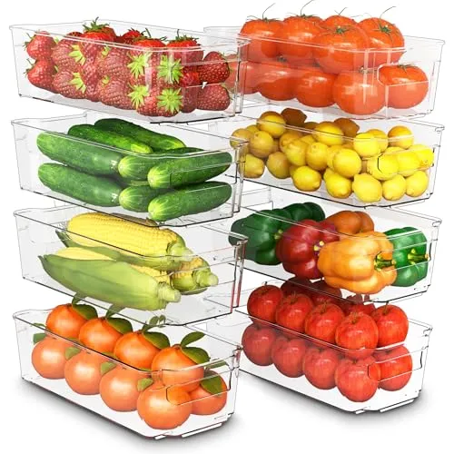 KICHLY Hochwertiger Kühlschrank Organizer set für Schubladen – Set mit 8 Stapelbar Aufbewahrung Kühlschrank für Gemüsefach, küchen schrank, Regalen, Kosmetika, Büromaterial, Werkzeugen – BPA-frei