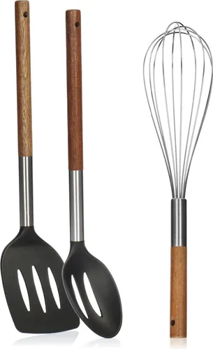 COM-FOUR® 3-teiliges Küchenhelfer-Set - Kochbesteck mit Pfannenwender, Schneebesen und Schaumlöffel - Kochutensilien mit Holzgriff