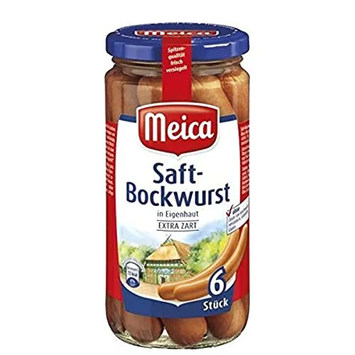 Meica Saft Bockwurst, 6 Stück, 180g - Extra zart und ohne Zusatzstoffe - Fleischkonserven, glutenfrei und laktosefrei, ideal für bewusste Genießer. Hochwertige Wurst mit Sellerie für den besonderen Geschmack.