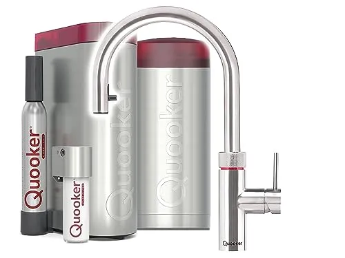 Quooker COMBI+ & CUBE | Flex RVS (Voll-Edelstahl) - Wasserkocher mit sofort kochendem und gekühltem Wasser, Doppelwand-Auslauf für Sicherheit und inklusive CUBE-Filter für sprudelndes Wasser.