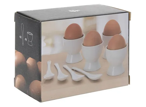 8-tlg. Porzellan Eierhalter Set mit Löffeln - Weiß - Elegantes Geschirr-Set mit 4 Eierbechern und 4 Löffeln aus hochwertigem Porzellan. Ideal für ein stilvolles Frühstück und spülmaschinenfest.