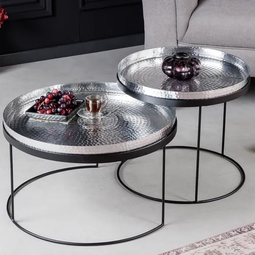 Riess Ambiente Handgearbeitetes 2er Set Couchtische Elements 60cm Silber - Satztische fürs Wohnzimmer, einzigartige Hammerschlag Optik mit abnehmbaren Tabletts, perfekt für stilvolle Akzente und flexible Nutzung.