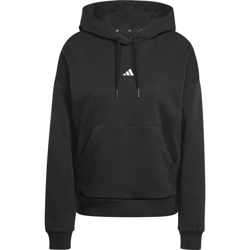 adidas Damen Essentials SMALL Logo Feel Cozy Hoodie - Hoodie in Schwarz/Weiß, perfekt für entspannte Tage. Aus 70% Baumwolle und 30% recyceltem Polyester für ein nachhaltiges Tragegefühl. Ideal für Freizeit oder Sport.