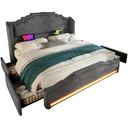 Odikalo Polsterbett Doppelbett Jugendbett Stauraumbett USB Schubladen 140-180cm Beige/Grau grau 180 cm