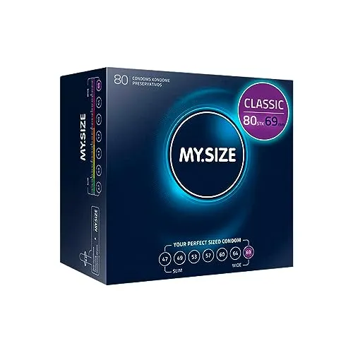 MY.SIZE Classic Kondome Größe 7 - 69 mm breit, 80 Stück Megapack - Kondome für Männer, ultra dünn mit nur 0,07 mm Wandstärke für intensives Gefühl, allergen- und geruchsfrei, nachhaltig und vegan.