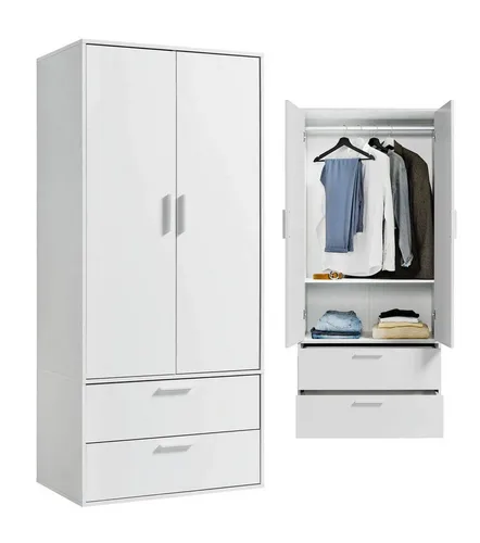 mokebo Kleiderschrank Der Kleiderheld - Kleiderschrank in Weiß, 2 Türen und 2 Schubladen, umweltfreundlich und einfach selbst zu montieren – ideal für jeden Raum!