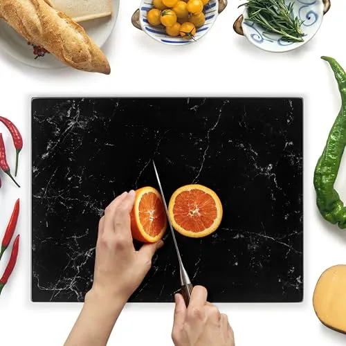 Kitchenville Glasschneidebrett 40×30 cm – Hygienisches Schneidebrett aus gehärtetem Glas – Hitzebeständig, Kratzfest & Rutschfest – Glasplatte für die Küche – Schwarze Marmoroptik