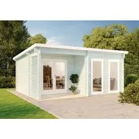Carlsson Gartenhaus Orkus-44 Pultdach 520 cm x 391 cm - Holz-Gartenhaus mit robuster 44 mm Blockbohlenbauweise, imprägniert für optimalen Wetterschutz. Ideal als Geräteschuppen oder Freizeithaus mit großzügigem Eingang und angenehmer Kopffreiheit.