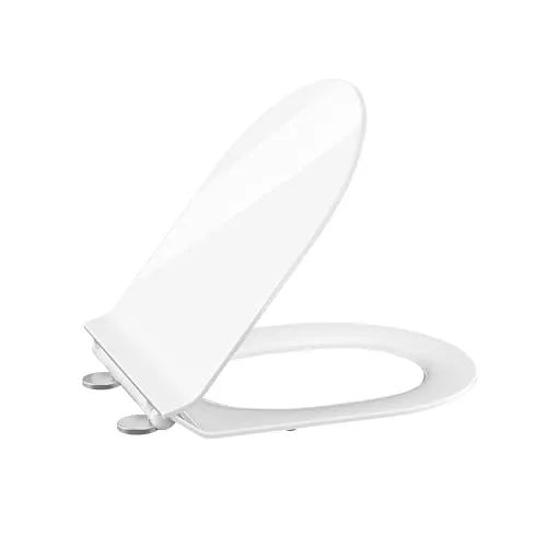WC Sitz mit Absenkautomatik, Toilettendeckel Klobrille Toilettensitz mit Quick-Release Funktion& Verstellbaren Scharnieren WC Deckel aus UF Duroplast, Lang D-Form Weiß