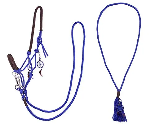 ARBO-INOX Knotenhalfter Zügel Halsring Kombiset (Full Warmblut, Blau) - Pferdehalfter Set mit Knotenhalfter, Zügel und Halsring in stylischem Blau, ideal für Bodenarbeit und gebissloses Reiten, inklusive abnehmbarer Perlenanhänger für einen besonderen Look.
