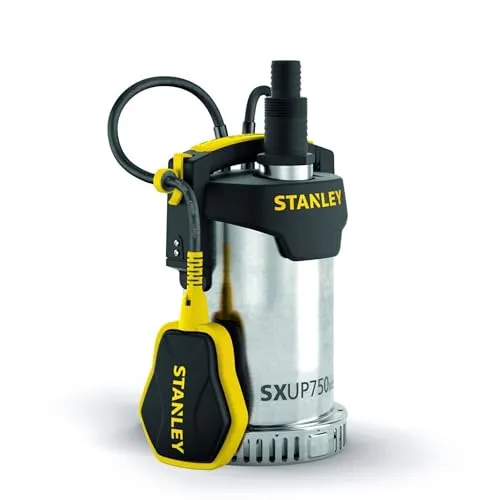 Stanley Tauchpumpe SXUP750XCE für Klarwasser - Wasserpumpen mit 750 W, max. Förderleistung von 11.000 l/h und einer Förderhöhe von 8,5 m, ideal für schnelle Entwässerung und robustes Edelstahl-Gehäuse.
