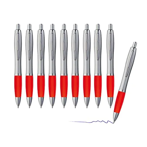 sin4sey 10er Set Kugelschreiber - trendiges Design mit Großraummine blau schreibend (Silber-Rot)