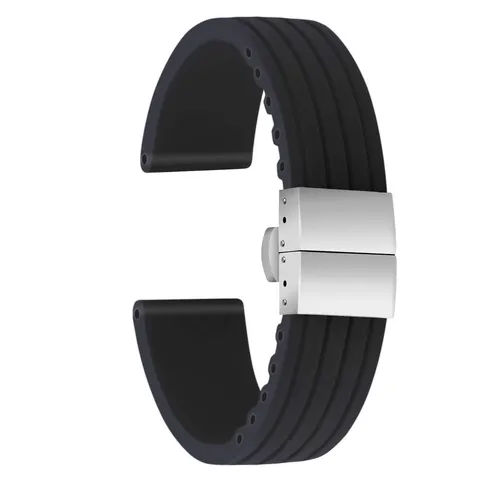 Unisex Kautschuk Armband mit Edelstahl Silber Faltschließe 22mm Schwarz