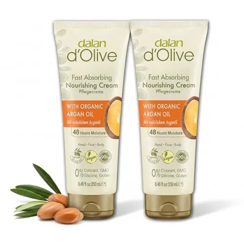 Dalan d'Olive Arganöl Creme 2er Set – Natürliche Pflege mit Olivenöl, Vegan und Feuchtigkeitspflege für Hand, Gesicht und Körper, 0% Farbstoffe, Silikon, GMO, 250 ml