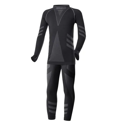 Ladeheid Skiunterwäsche Kinder Funktionsunterwäsche Set Langarm Shirt Lange Unterhose Thermoaktiv LAGI009 (Schwarz/Graphite, 122-128)